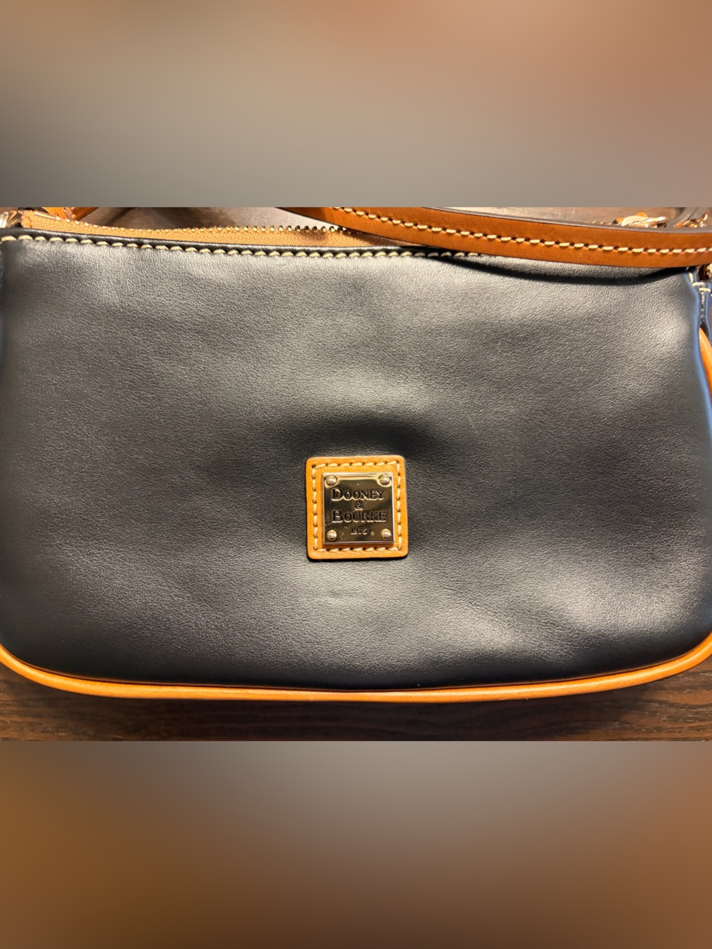 Dooney & Bourke Black Leather Mini Crossbody with Tan Trim